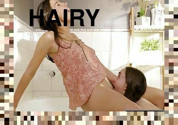 Hairy Lesbian Pussy And Ass Licked In The Bathroom