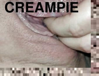 tussu, amatöör, beibed, creampie, sperma, valge, märg, brünett