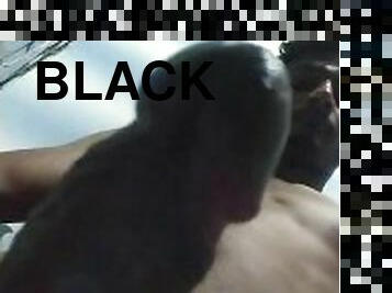 Black hard cock shaking bathroom handjob