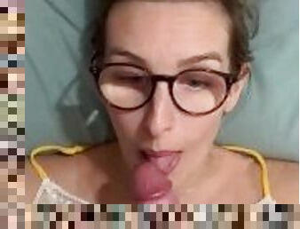 Glasses blowjob and Cumshot on black nylon