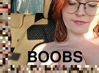 Horny Brunett Plays With Boobs In Car In The Woods