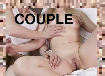 Real couple watching porn and masturbate together with creampie riding sex