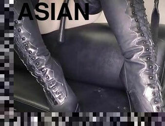 asiatique, bdsm, esclave, pieds, point-de-vue, chevauchement, domination, brunette, femme-dominatrice, taquinerie