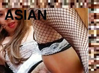 asiatisk, onani, amatør, anal, leke, ludder, strømper-stockings, undertøy, dildo, alene