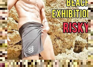 masturbación, público, polla-enorme, playa, pajeándose, exhibicionista