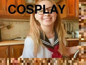 cosplay in japanese school uniform, girl masturbates and cums in the kitchen