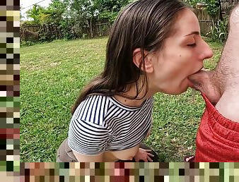 Brunette Cumslut Sucks Cock In Backyard Throats Until Taking Load In Mouth And Swallows!