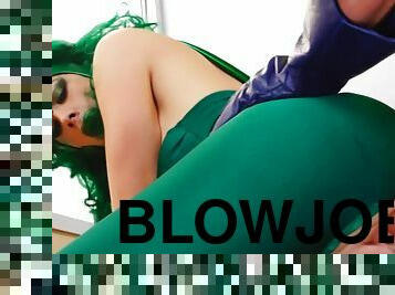 Green-haired diva with big juggs gets fucked through the hole in her pants