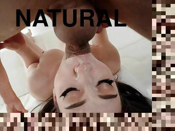 Young brunette with big natural tits sucks Mick's cock like a real pro