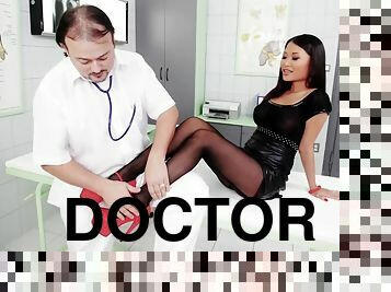 Pussykat Rubs Her Stocking Covered Feet All Over Her Doctors Stiff Dick