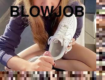 Fit Girl gives the best Shoejob blowjob combo on the public terrace