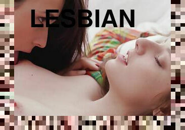 Very romantic erotic lesbian video starring two cute Russian girls Hayli Sanders and Sienna Kim - young brunettes