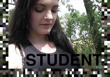 Cute student Anie get's on her knees & sucks then gets pussy fucked outside