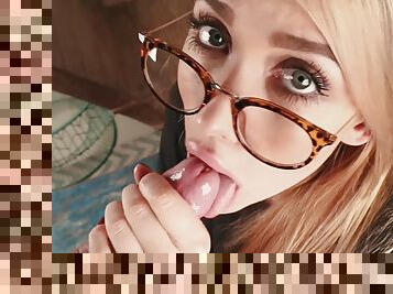 Glamorous beauty with glasses sucks rock hard cock in POV