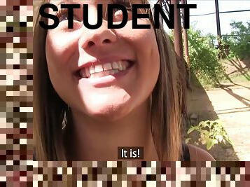 Young student screwing in outdoor POV for quick buck