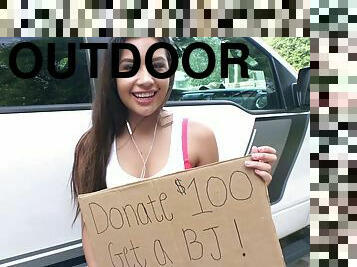 Bubble butt teen offers POV outdoor blowjob for $100 donation