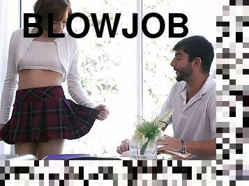 A tutor gets a nice blowjob from a schoolgirl in sexy plaid skirt