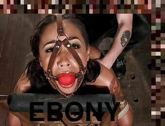 Ebony sub in bondage takes butt fuck hook