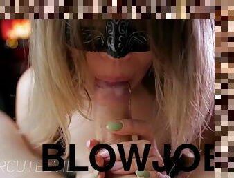 Oiled up handjob and sloppy blowjob from masked blonde