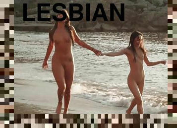 en-plein-air, chatte-pussy, babes, lesbienne, plage, baisers, rasé, petits-seins