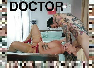 A stocking clad female doctor gets roughly ass-fucked by a patient