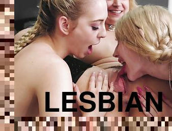 Teen girls share lesbian MILF's pussy