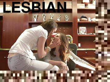 Beautiful sexy lesbians kissing and licking on the table