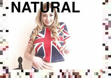 High heeled brit blonde shows off her huge natural hooters in solo show