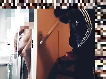 Straight neighbor caught secretly jerking off while horny guy fucks himself in the shower with two dildos in his ass and mouth