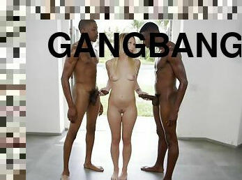 fellation, interracial, ados, gangbang, black, trio, blonde, assez, bâillonnement