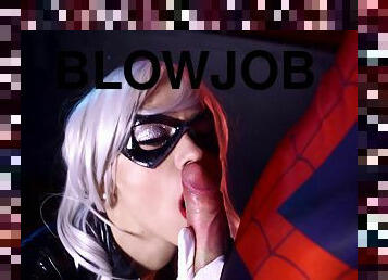 Spiderman gets blowjob from a hot busty girl in sex catsuit