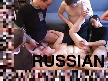 Russian granny at home gang bang