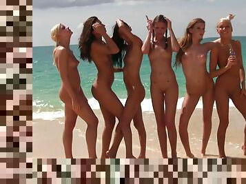 Skinny lesbian teens have fun on the beach