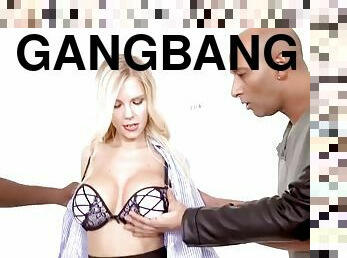 Blonde babes pussy and ass fucked in interracial gangbang