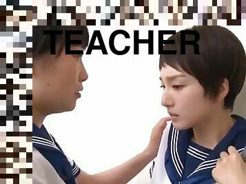 A gym teacher stands and fuck a tomboy girl student on a rainy day.