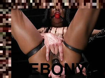 Hanging bondage ebony ass and pussy fucked with sex toy