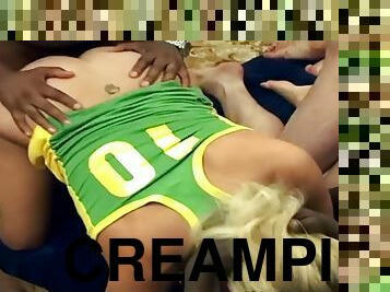 She takes a creampie before the monster load on the tits