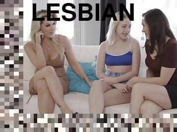 Blonde teen licks and rubs pussies for big tits lesbian MILFs