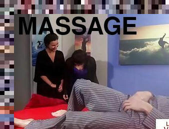 Massage babes instruct sub client to strip