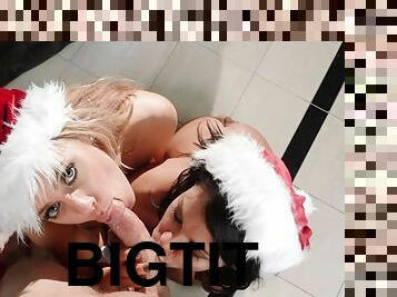 Two nymphomaniac pornstars with big juggs shagged by the Christmas tree