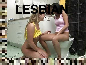 Two lesbian teens fingering each other in the bathroom sweets
