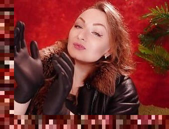 ASMR video: nitrile gloves. Beautiful erotic SFW video. Curvy MILF in leather coat with fur teasing