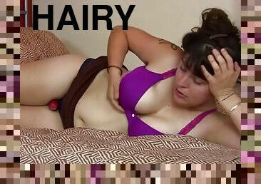 Hairy Curvy Esther In Purple Bra Plays With A Red Dildo
