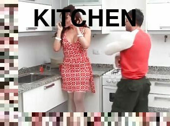 Tranny in a pretty dress sucks dick in kitchen