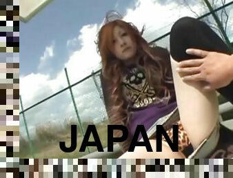 Japanese redhead in cardigan fucked outdoors