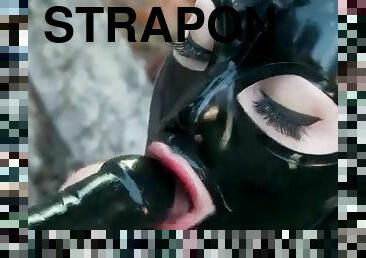 udendørs, strapon, pikslikkeri, dildo, fetish, latex