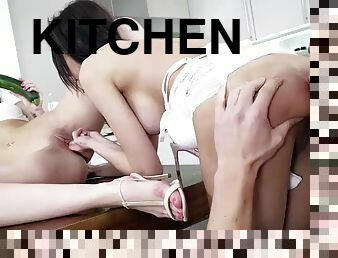 Hot anal trio pizza in the kitchen