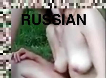 Young Russian gets cum showered in the woods for some cash