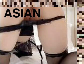 Super cute Asian girlfriend with black lingerie teasing you to fuck her shaved pussy
