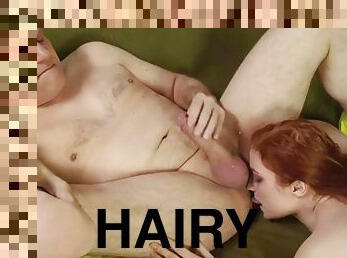 Redhead whore licks hairy mans ass before he fucks her